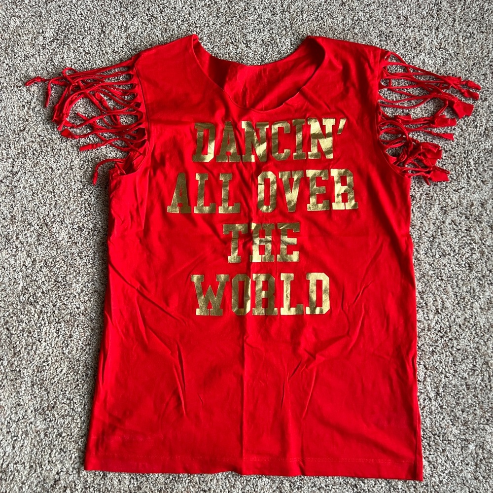 Zumba Fitness Red Fringe Sleeve Tee with Gold Foil Text